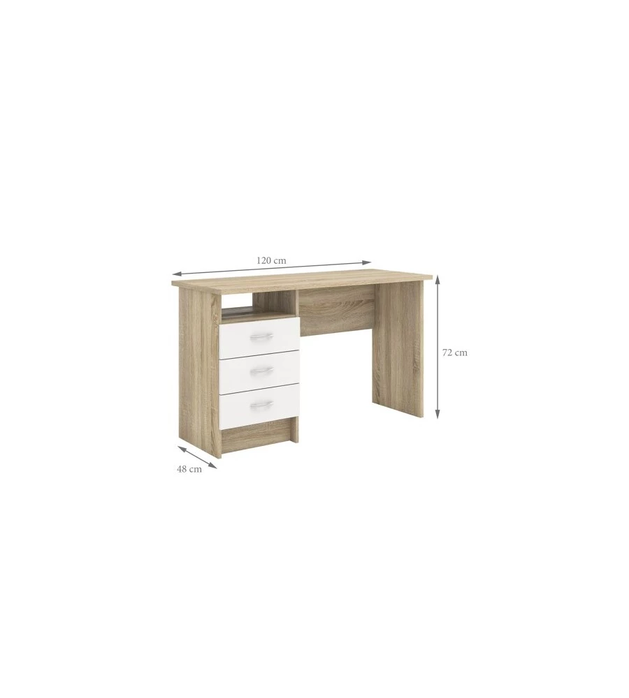 SCRIVANIA IN MDF EFFETTO QUERCIA CON TRE CASSETTI BIANCHI, 72X48X120 CM